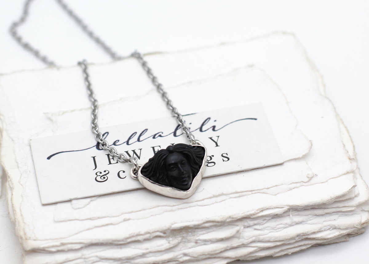 Helspeth, Vintage Black Mourning Cameo in Sterling Silver & Stainless Steel Necklace