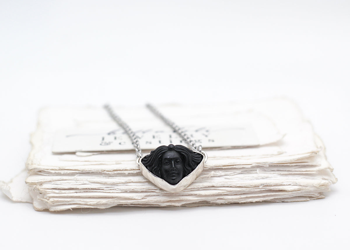 Helspeth, Vintage Black Mourning Cameo in Sterling Silver & Stainless Steel Necklace