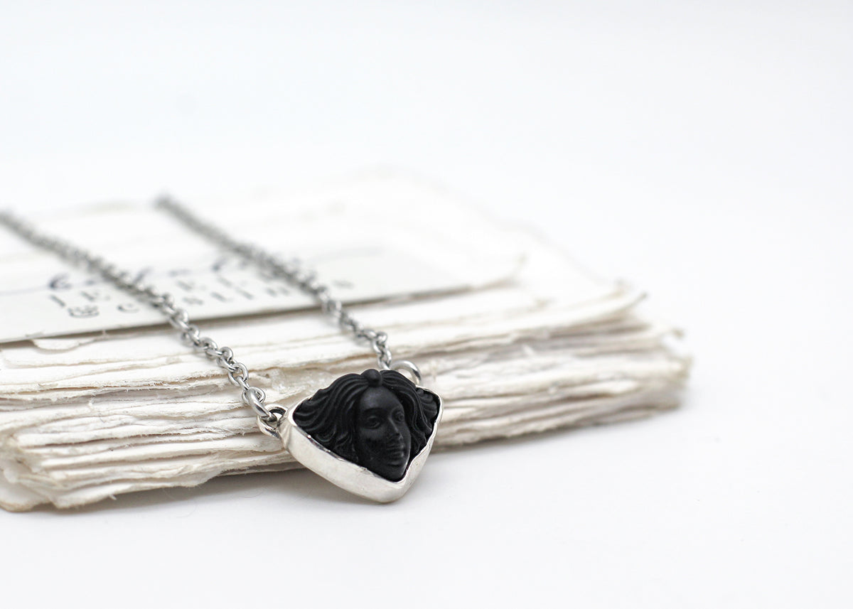 Helspeth, Vintage Black Mourning Cameo in Sterling Silver & Stainless Steel Necklace