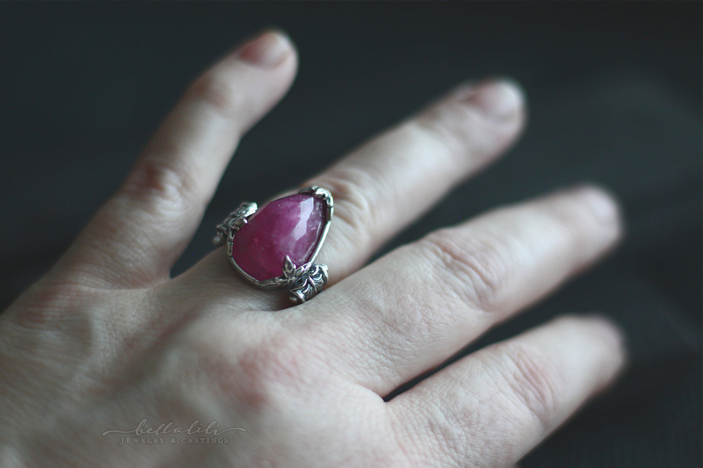 Thornessa, pink tourmaline sterling silver collector ring