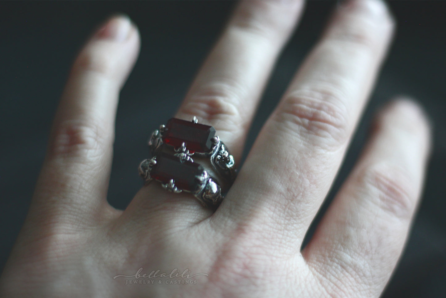 Hades + Persephone Ring, Garnet Baguette Sterling