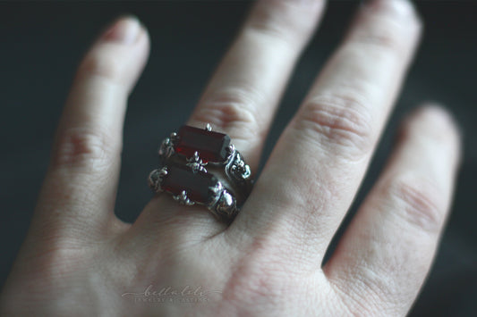 Hades + Persephone Ring, Garnet Baguette Sterling
