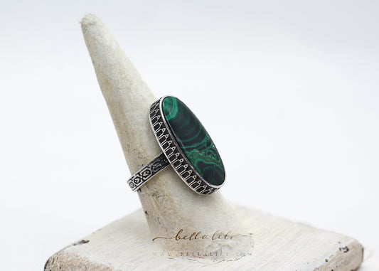 Sz 6.75, The Viridian Prelude Malachite Ring, Recycled Sterling Silver