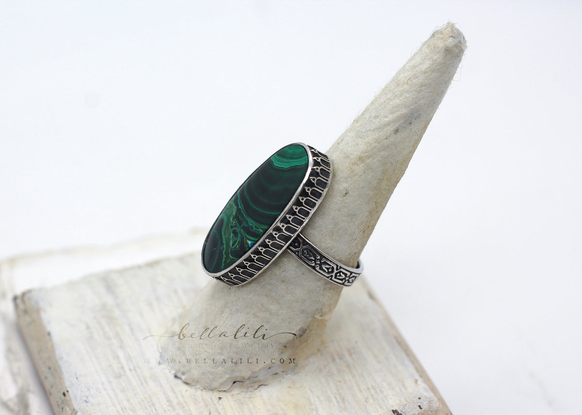 Sz 6.75, The Viridian Prelude Malachite Ring, Recycled Sterling Silver