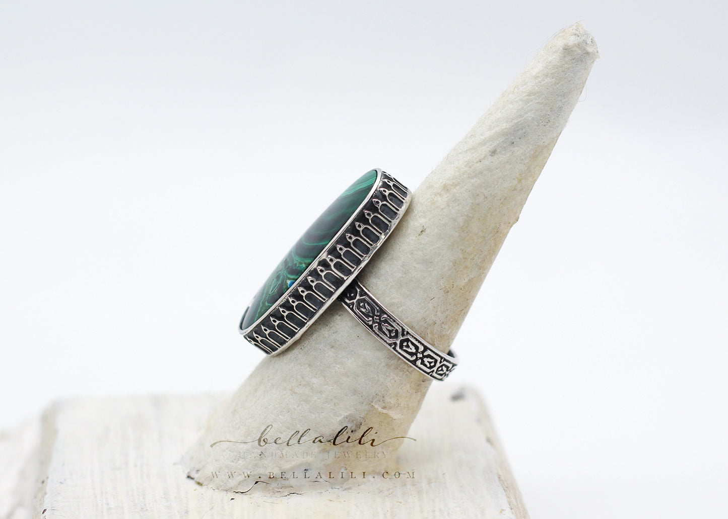 Sz 6.75, The Viridian Prelude Malachite Ring, Recycled Sterling Silver