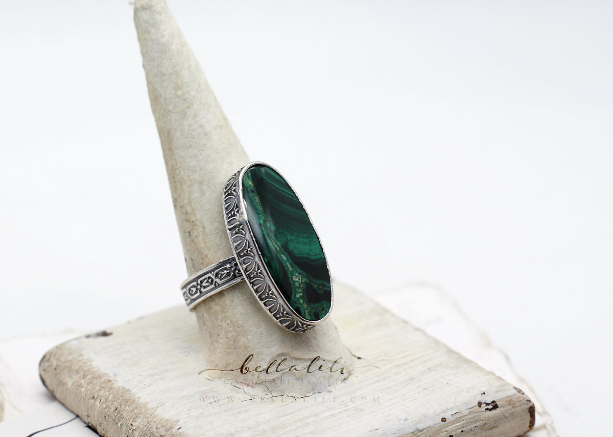 Sz 9.5, The Viridian Prelude Malachite Ring, Recycled Sterling Silver