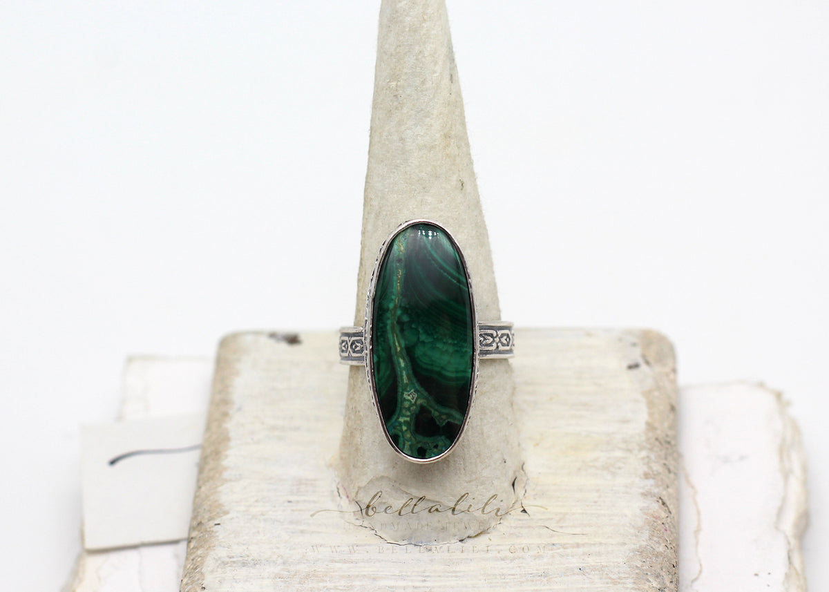 Sz 9.5, The Viridian Prelude Malachite Ring, Recycled Sterling Silver