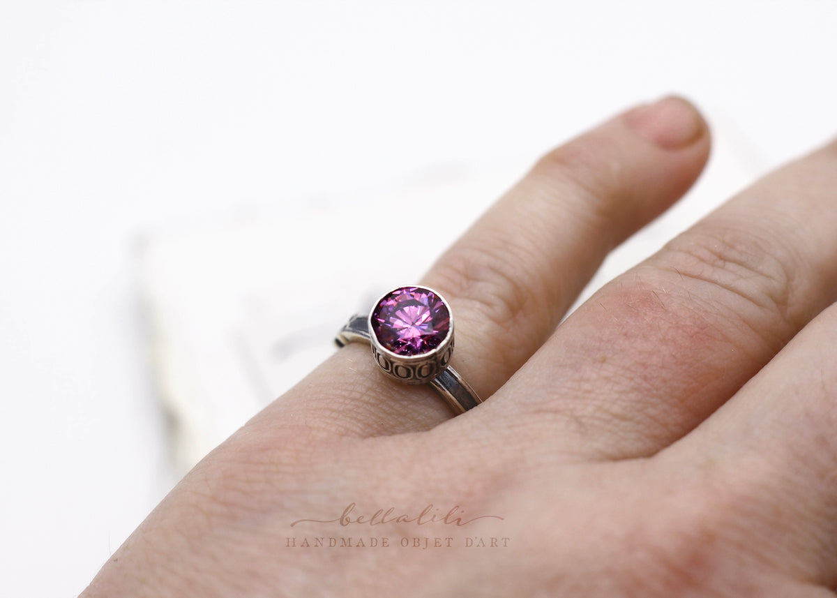 Morganna, Purple Moissanite Solitaire Ring, Sterling Silver