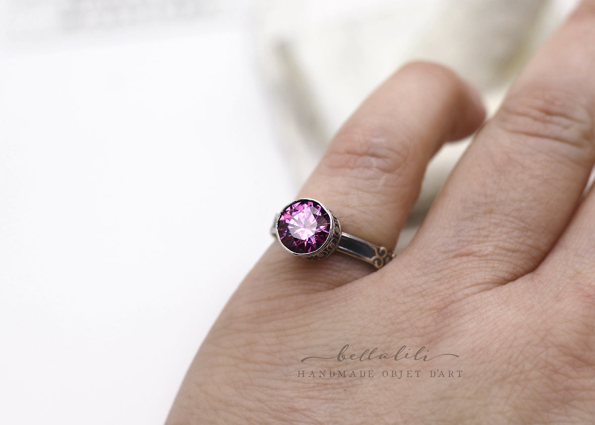 Morganna, Purple Moissanite Solitaire Ring, Sterling Silver