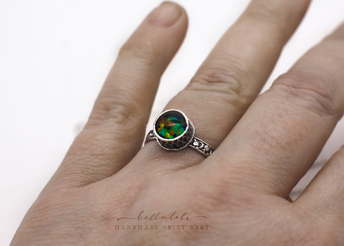 Medb, Black Opal Pomegranate Sterling Silver Ring