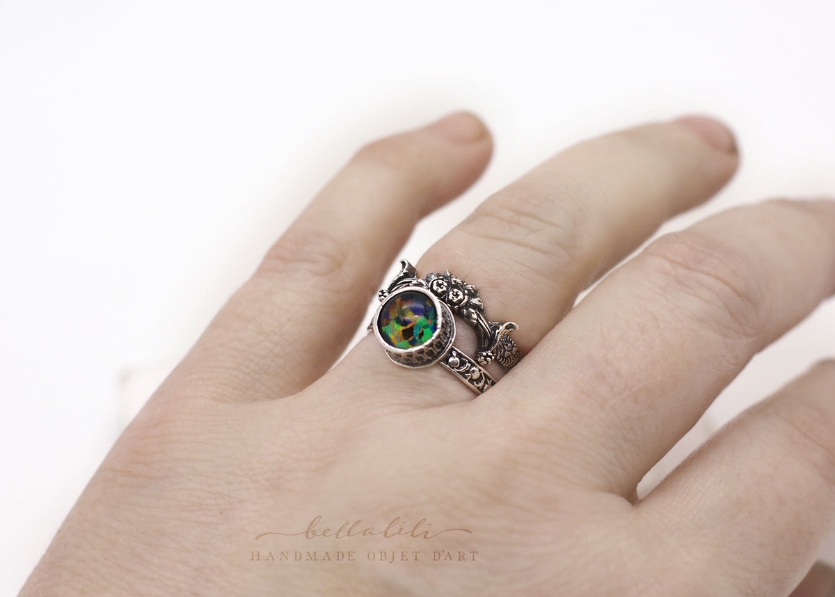 Medb, Black Opal Pomegranate Sterling Silver Ring