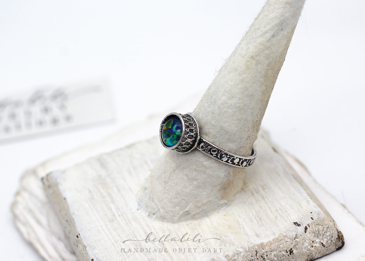 Medb, Black Opal Pomegranate Sterling Silver Ring