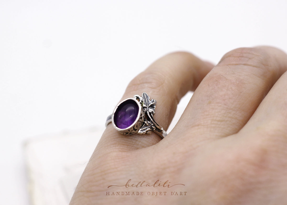 Blodeuwedd, Amethyst Leaf Ring, Sterling Silver