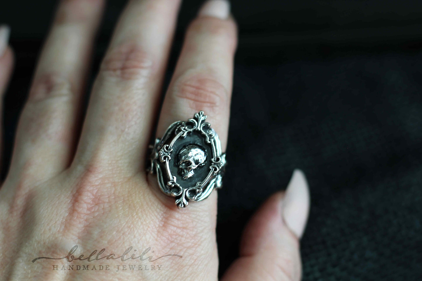 MTO Cryptkeeper, Momento Mori Skull Sterling Silver Dark Art Nouveau Ring