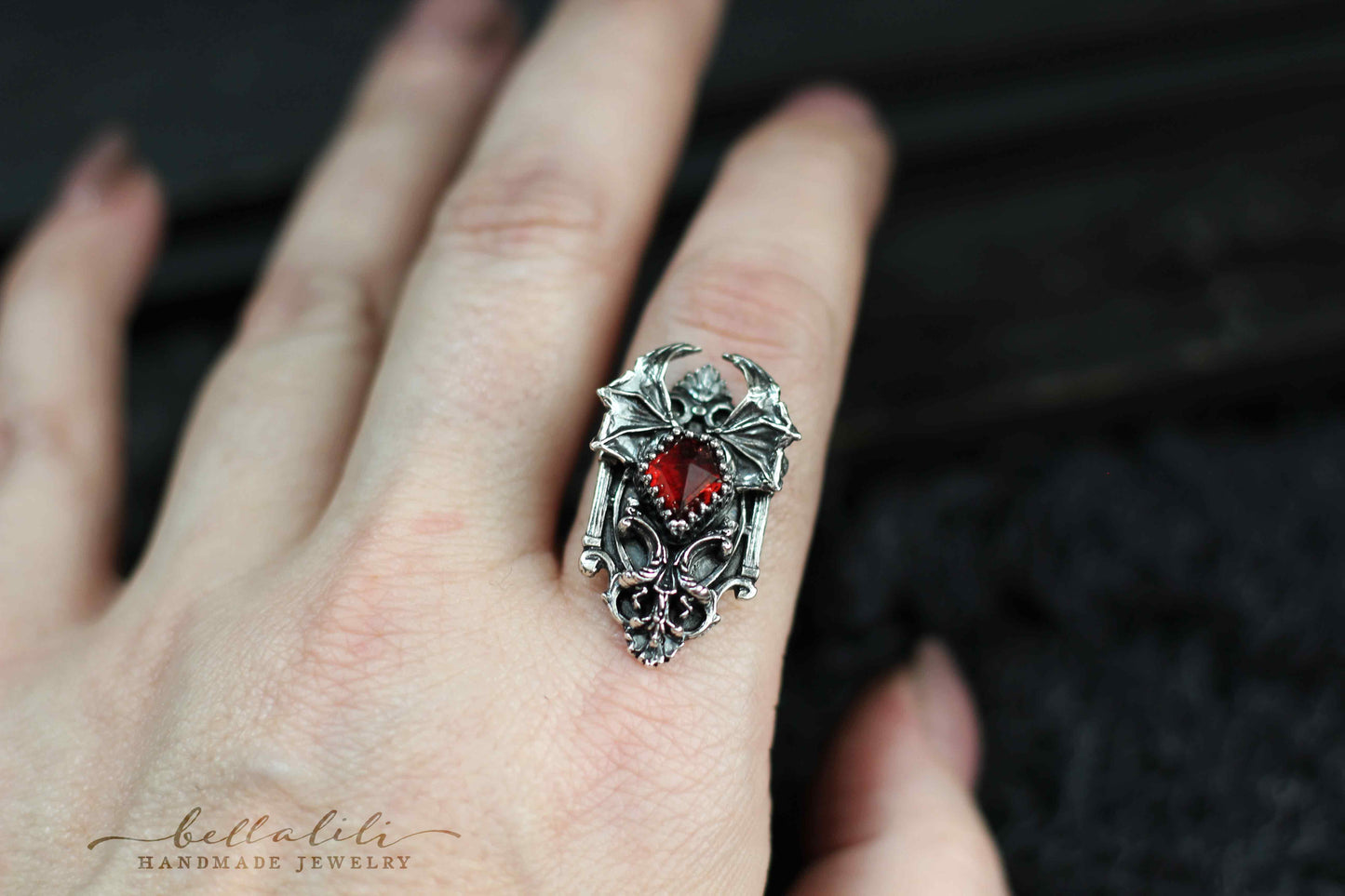 MTO Arch Daemon, Garnet Bat Sterling Silver Dark Art Nouveau Ring Or Necklace