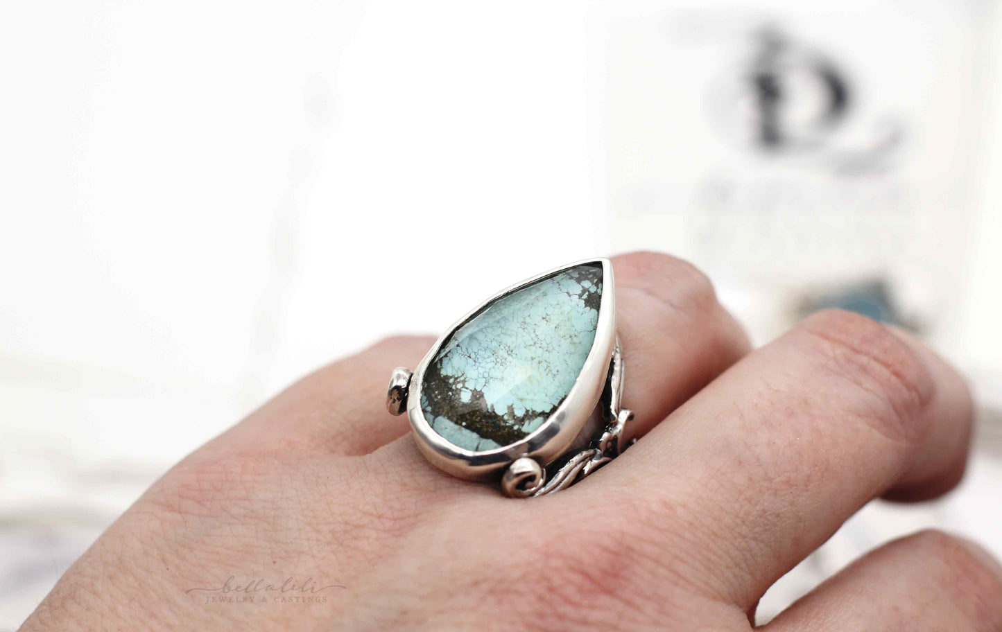 Blue Moon Turquoise Doublet Art Nouveau Sterling Ring