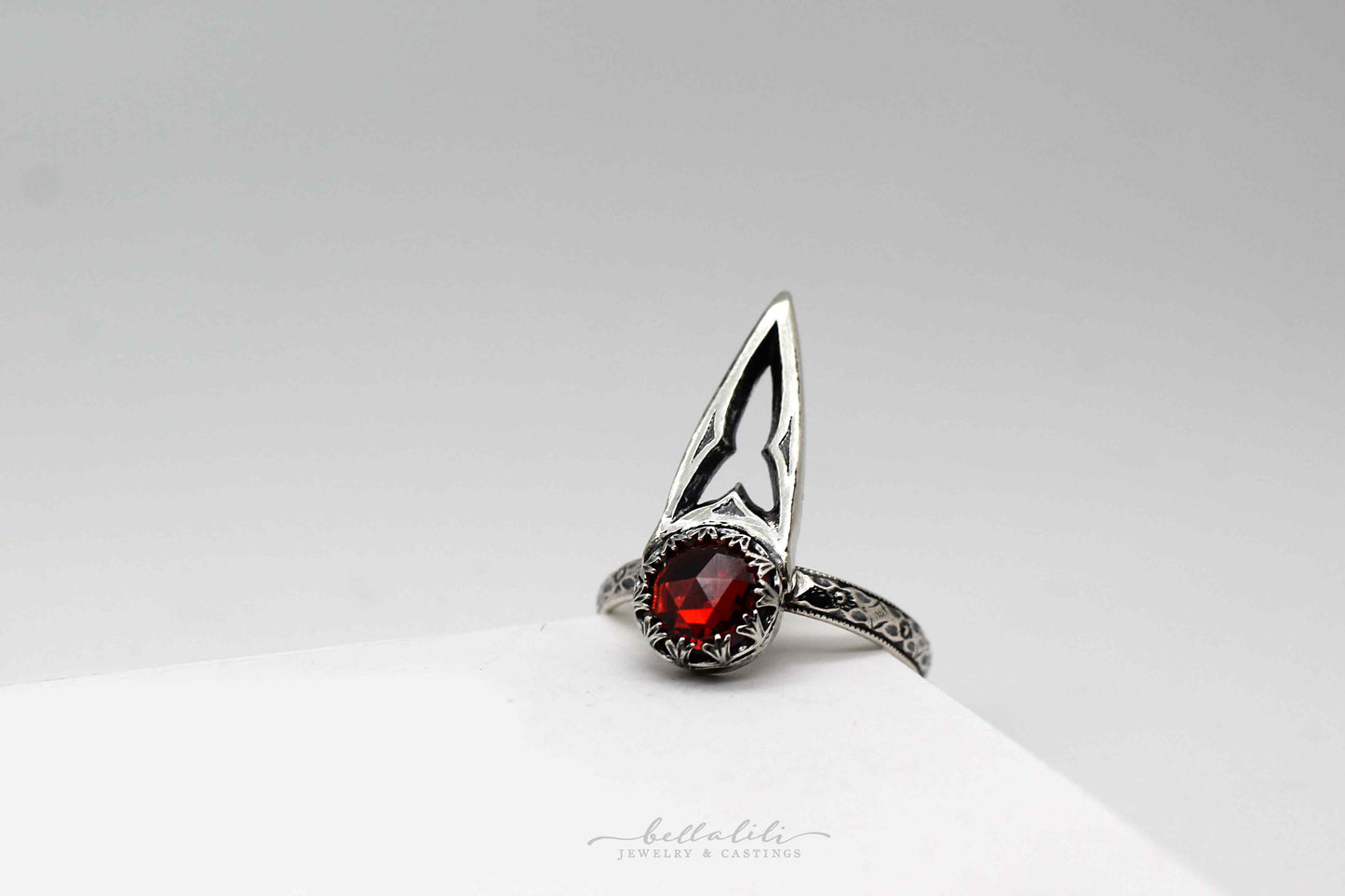 MTO Vessel, Garnet Cathedral Talon Ring Sterling Silver Alt Ring