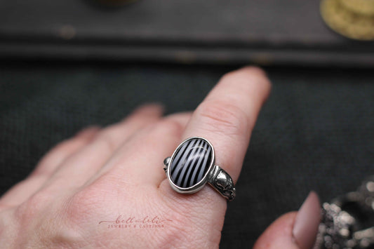 Beetlejuice Ring, Vintage Striped Glass and Skull Ring