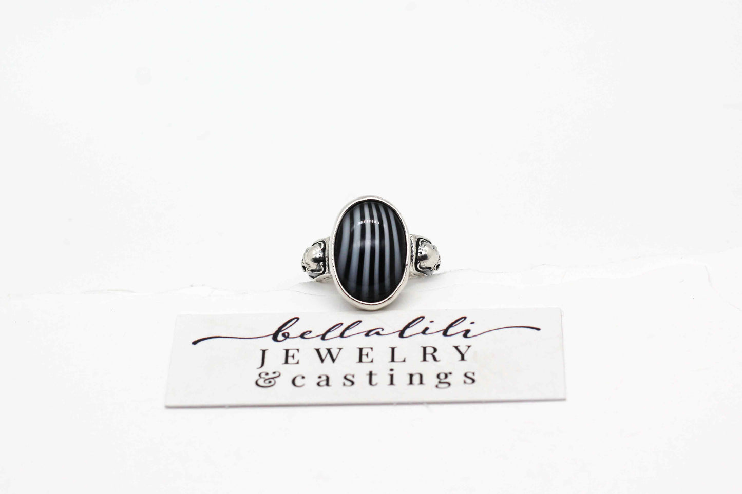 Beetlejuice Ring, Vintage Striped Glass and Skull Ring