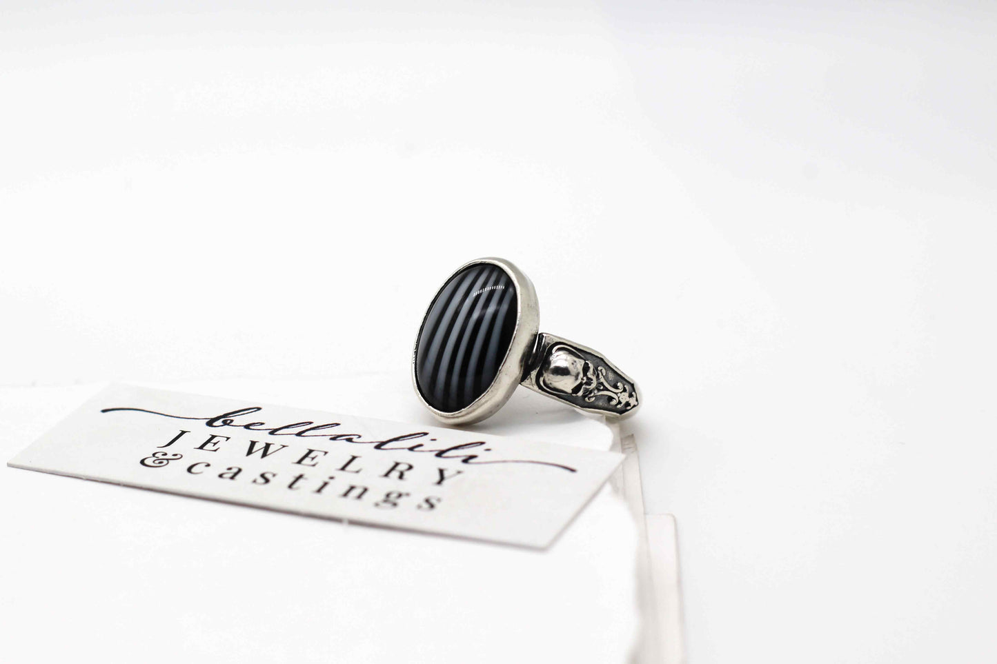 Beetlejuice Ring, Vintage Striped Glass and Skull Ring