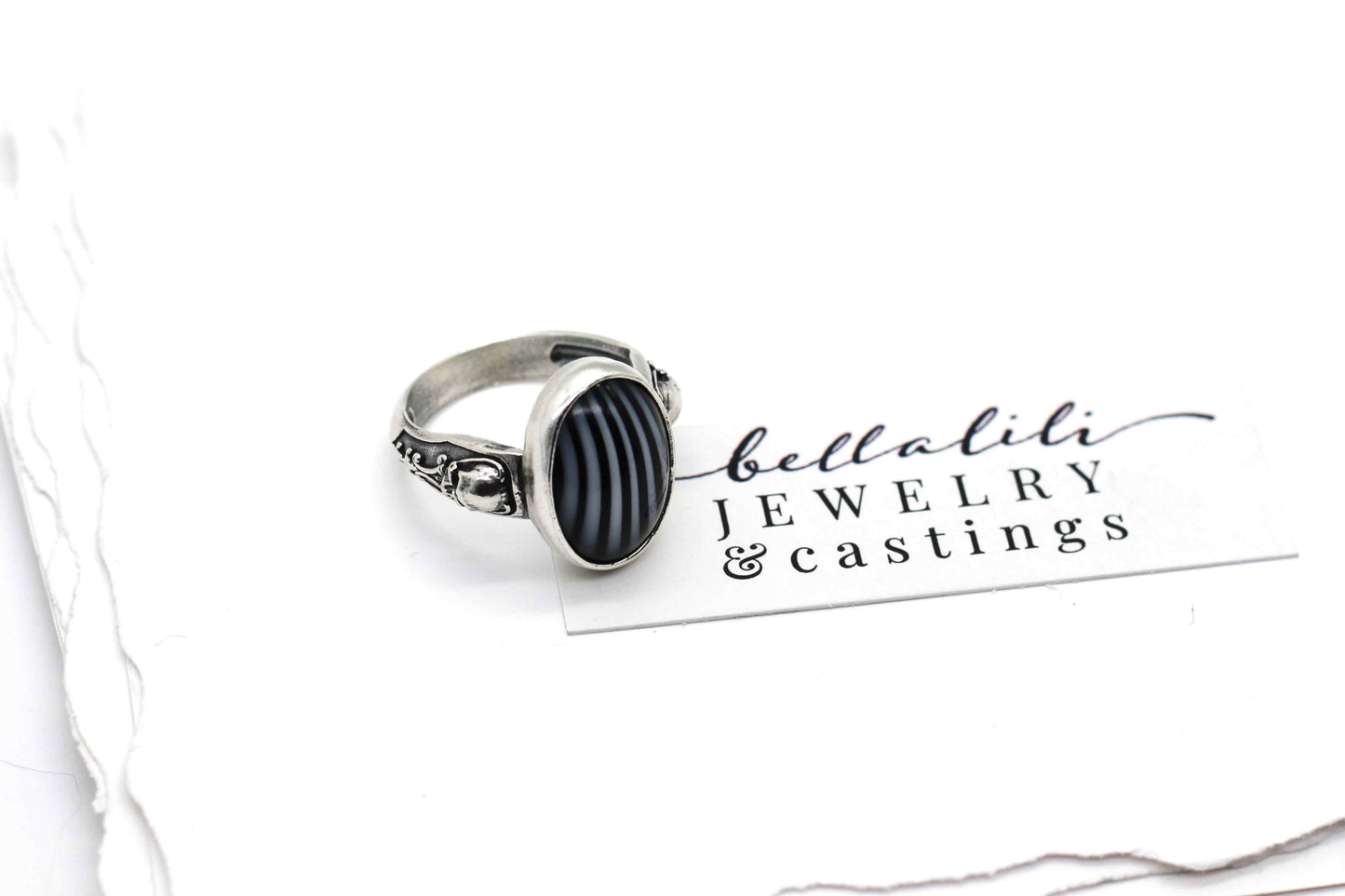 Beetlejuice Ring, Vintage Striped Glass and Skull Ring