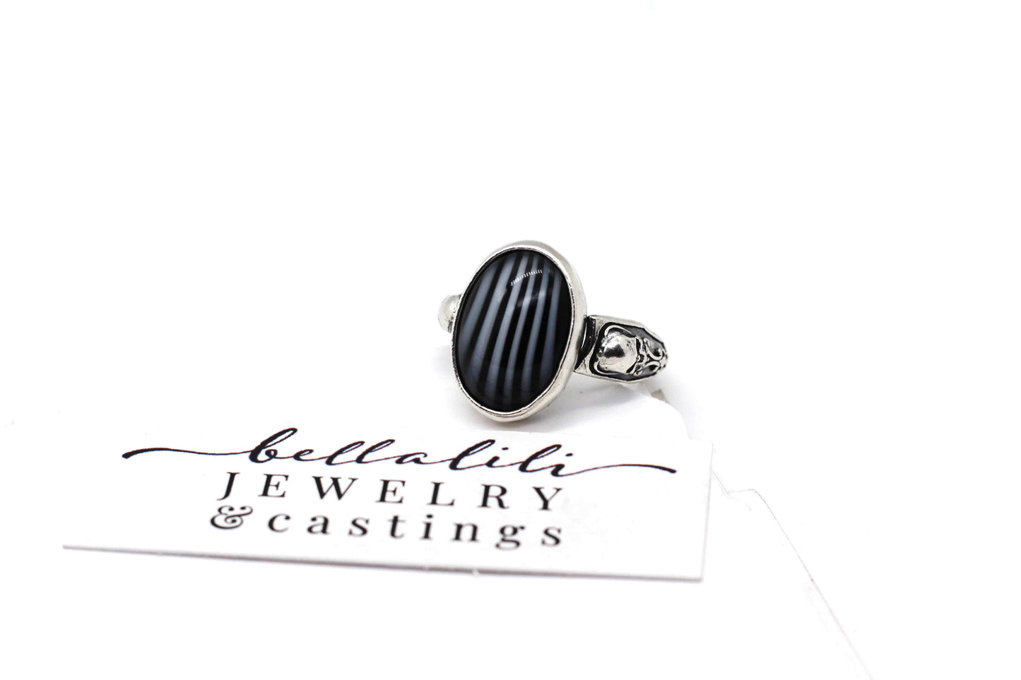 Beetlejuice Ring, Vintage Striped Glass and Skull Ring