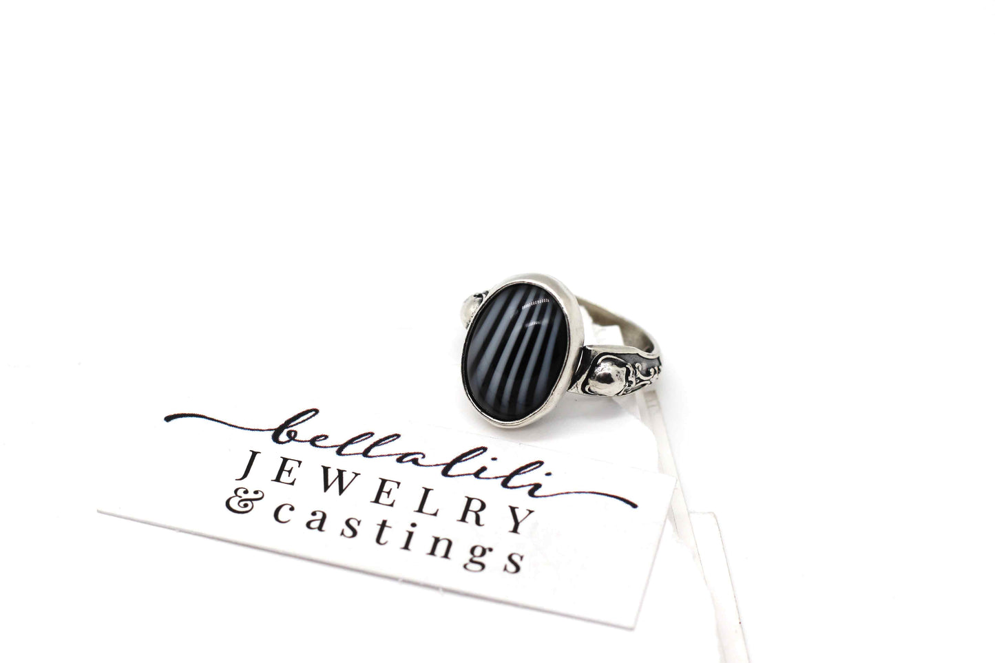 Beetlejuice Ring, Vintage Striped Glass and Skull Ring