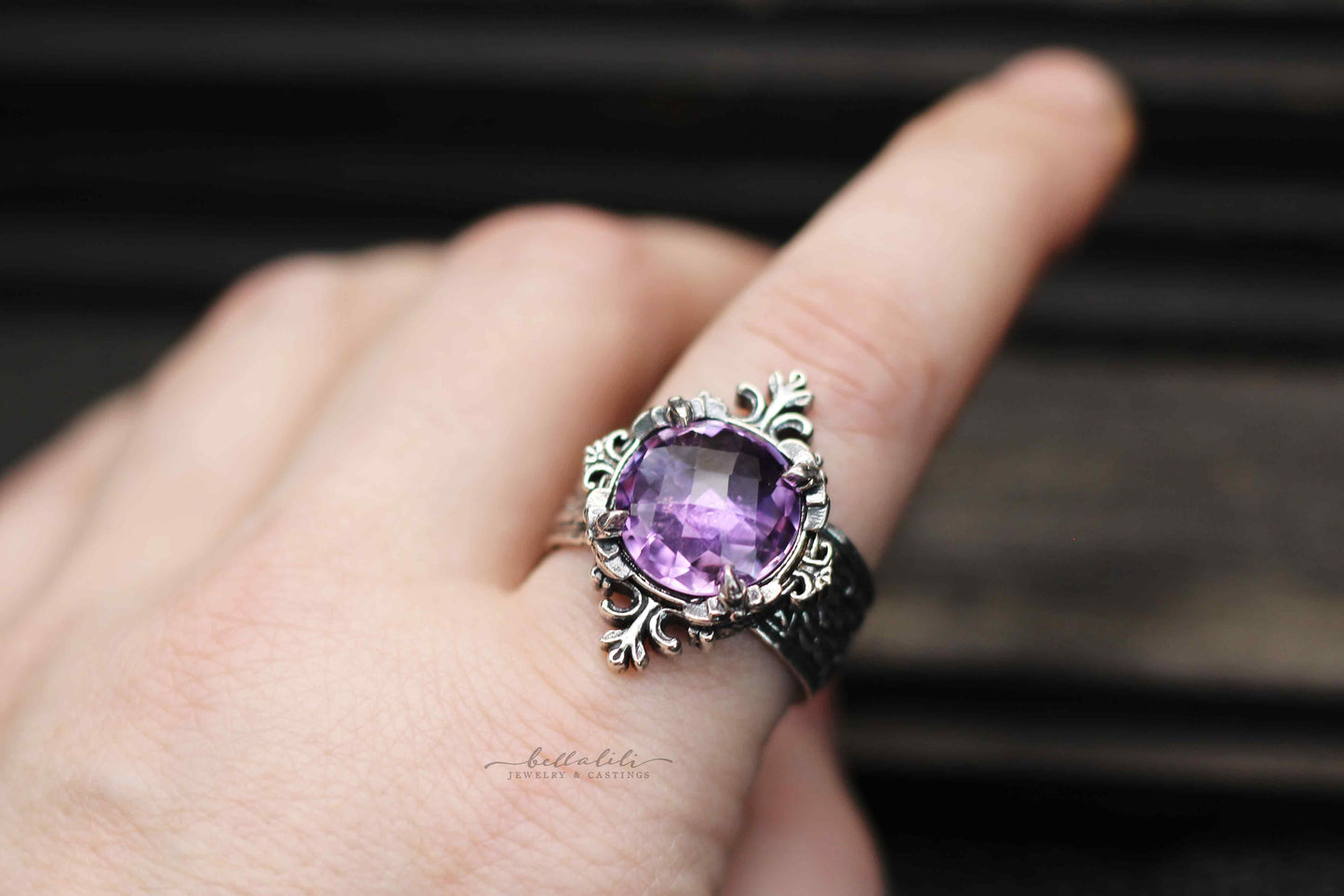 Lady Amethyst Solitaire Ring Art Nouveau Sterling Silver