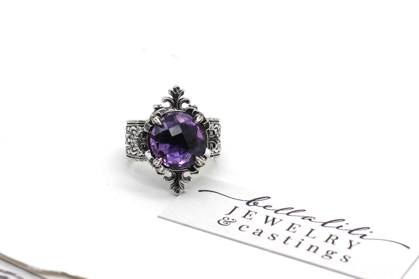 Lady Amethyst Solitaire Ring Art Nouveau Sterling Silver