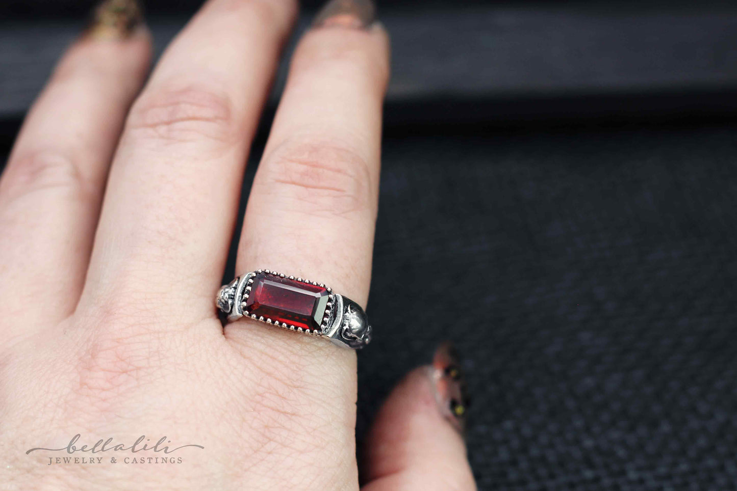 Hades + Persephone, Garnet Baguette Ring, Sterling Silver