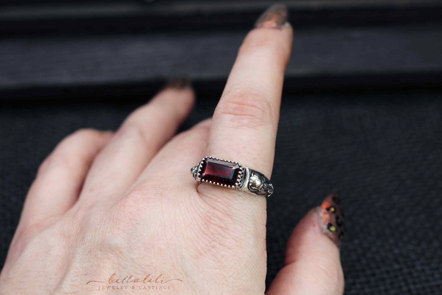 Hades + Persephone, Garnet Baguette Ring, Sterling Silver