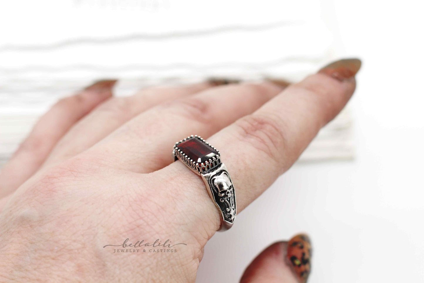 Hades + Persephone, Garnet Baguette Ring, Sterling Silver