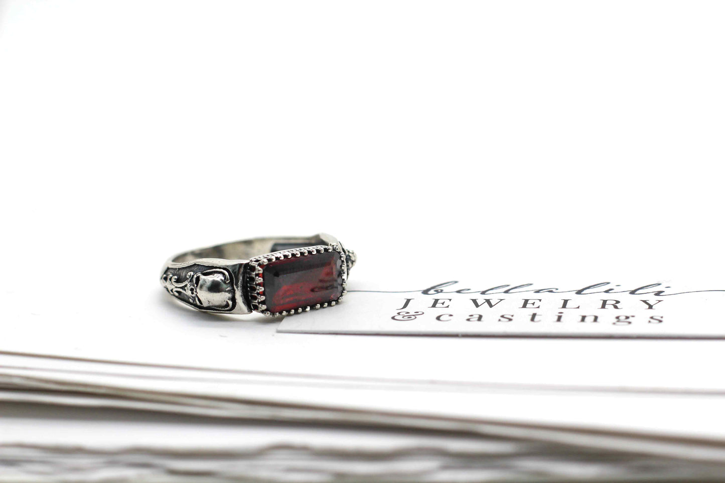 Hades + Persephone, Garnet Baguette Ring, Sterling Silver