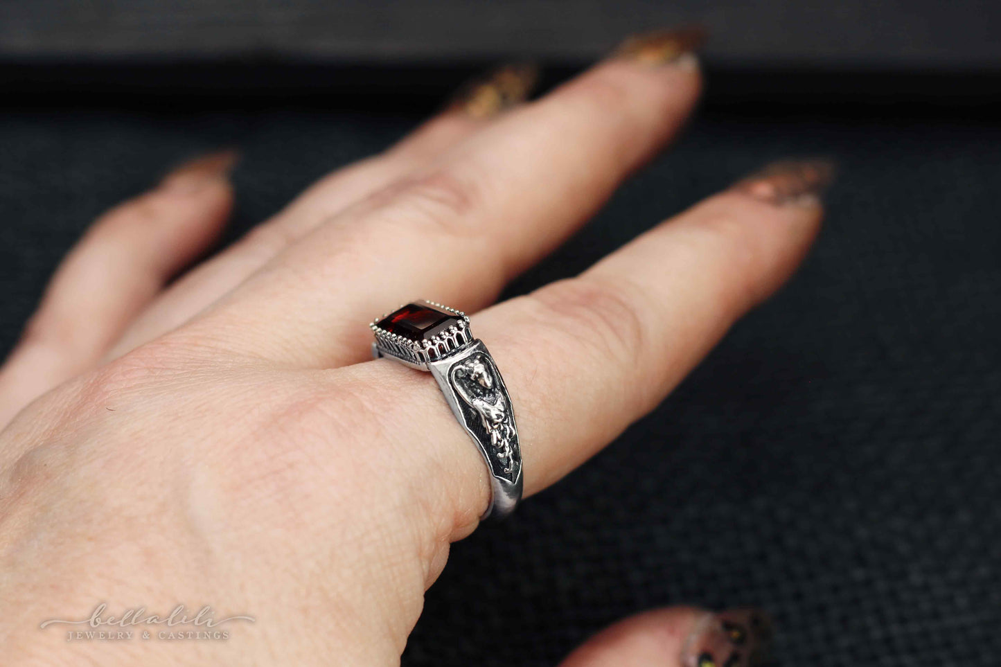 Hades + Persephone, Garnet Baguette Ring, Sterling Silver