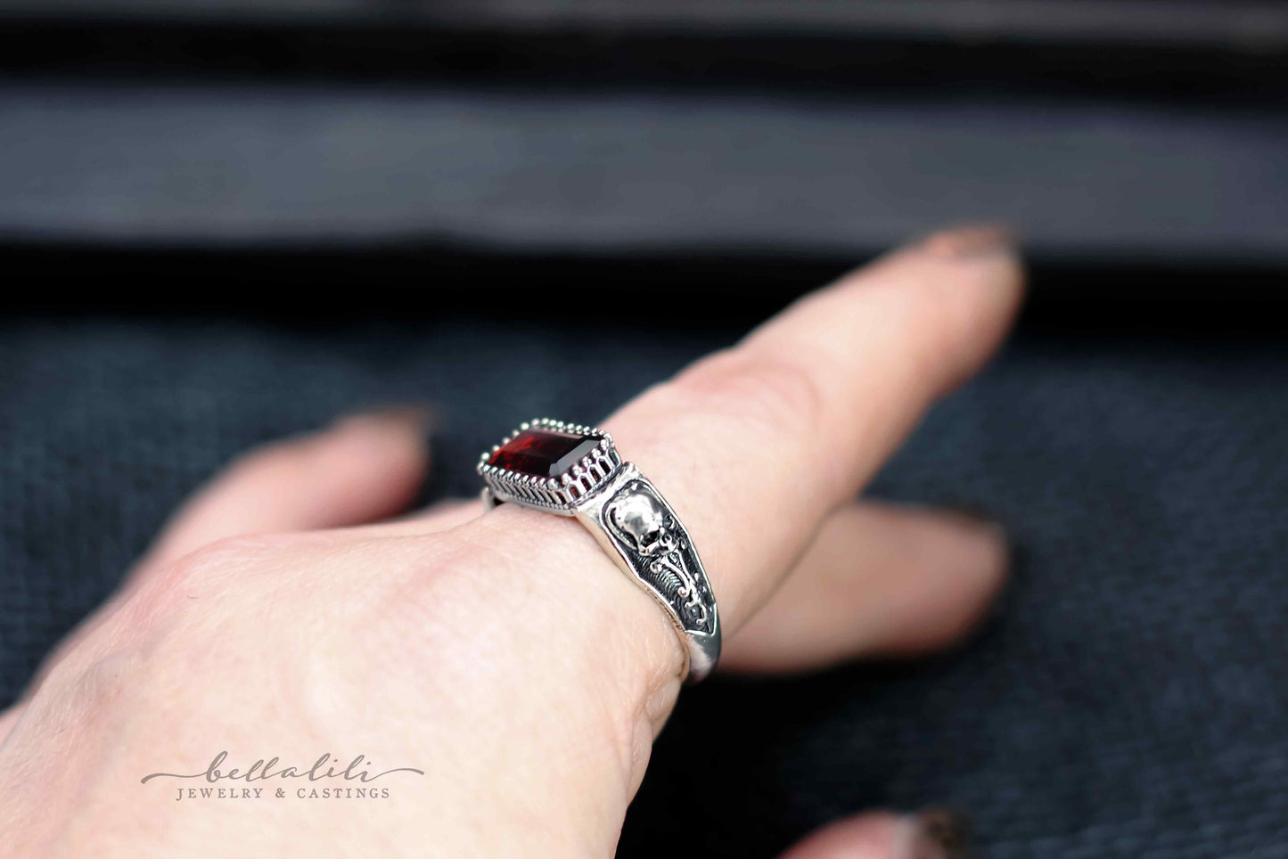 Hades + Persephone, Garnet Baguette Ring, Sterling Silver