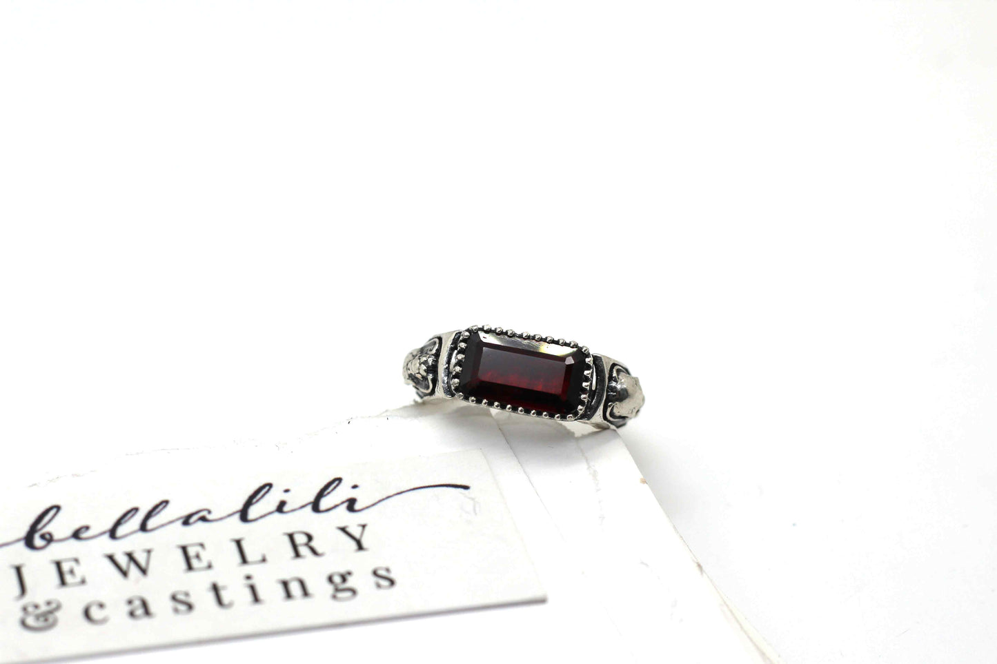 Hades + Persephone, Garnet Baguette Ring, Sterling Silver