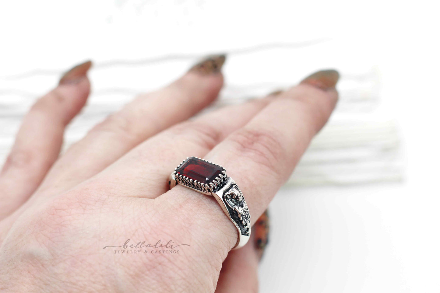 Hades + Persephone, Garnet Baguette Ring, Sterling Silver