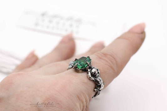 Emerald Green Ring, Cherubs Sterling Silver