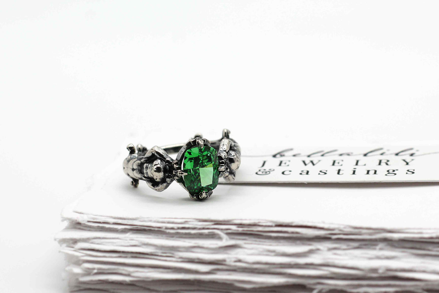 Emerald Green Ring, Cherubs Sterling Silver