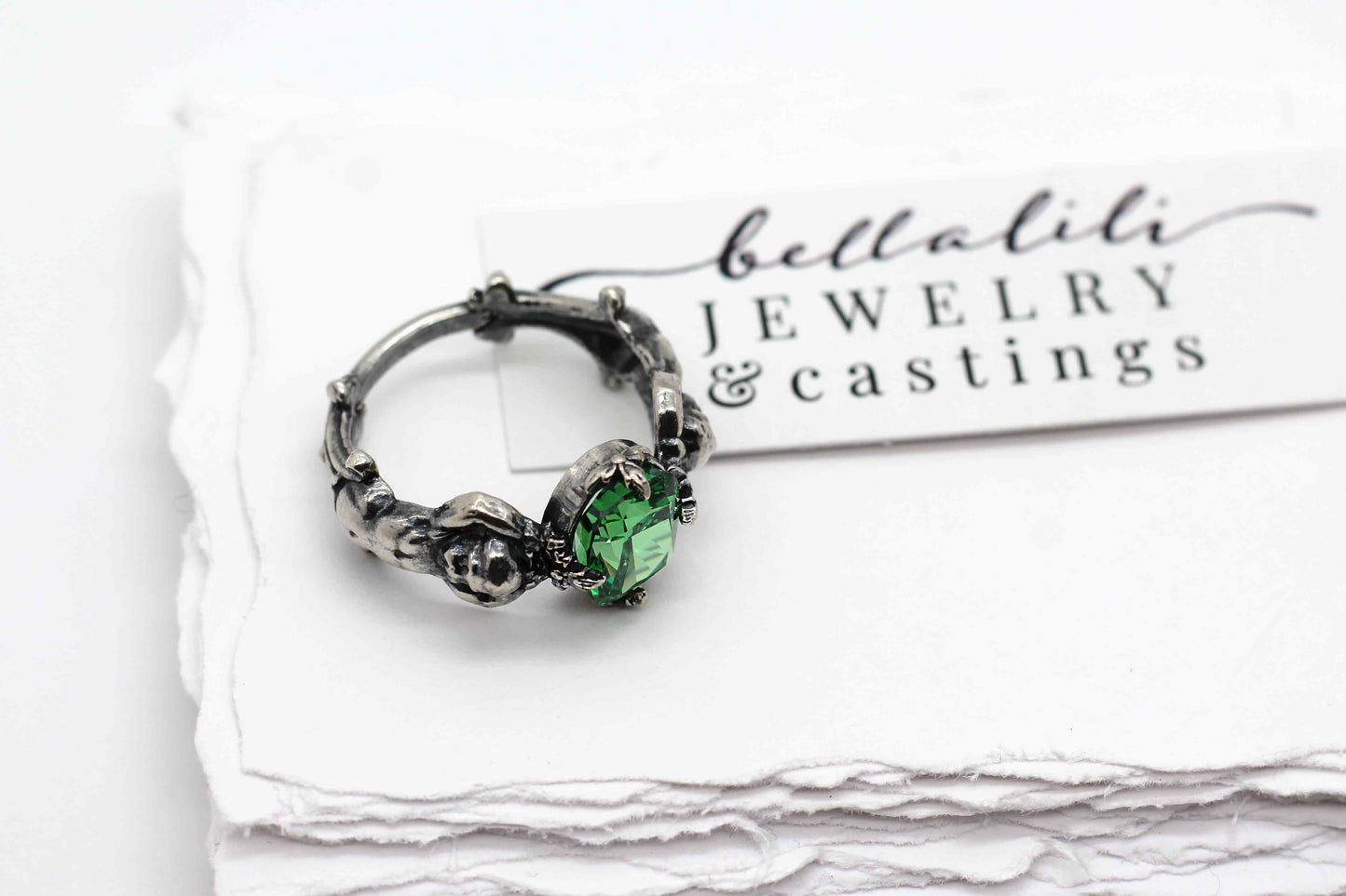 Emerald Green Ring, Cherubs Sterling Silver