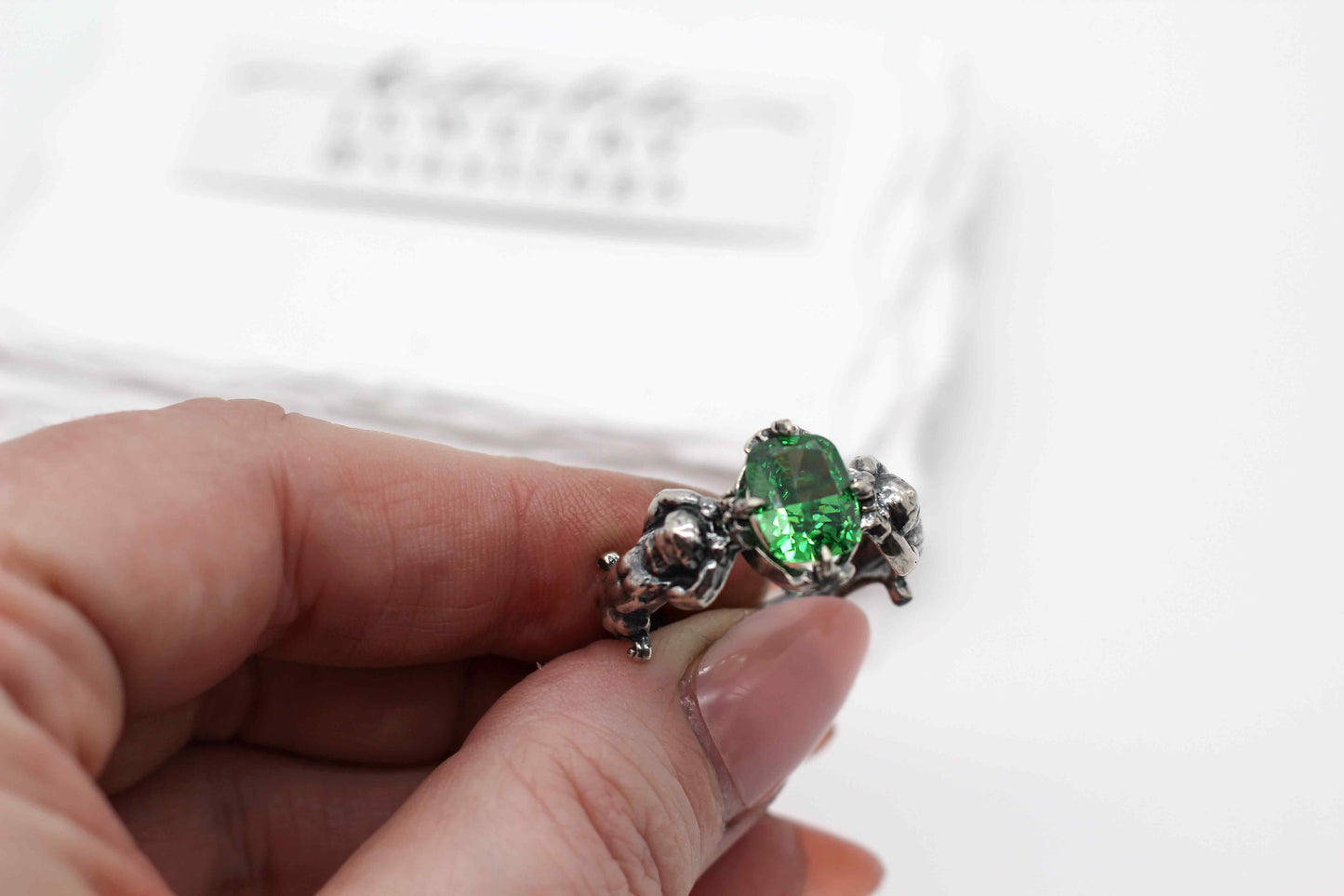 Emerald Green Ring, Cherubs Sterling Silver