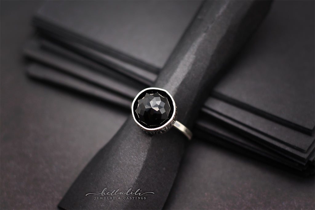 Obsidian Solitaire, Erebos Reverie Rings, Sterling Silver