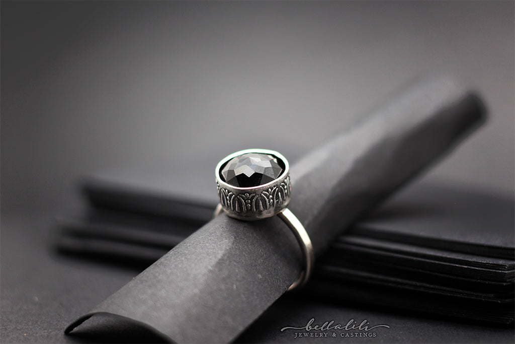 Obsidian Solitaire, Erebos Reverie Rings, Sterling Silver