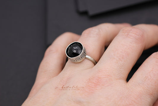 Obsidian Solitaire, Erebos Reverie Rings, Sterling Silver