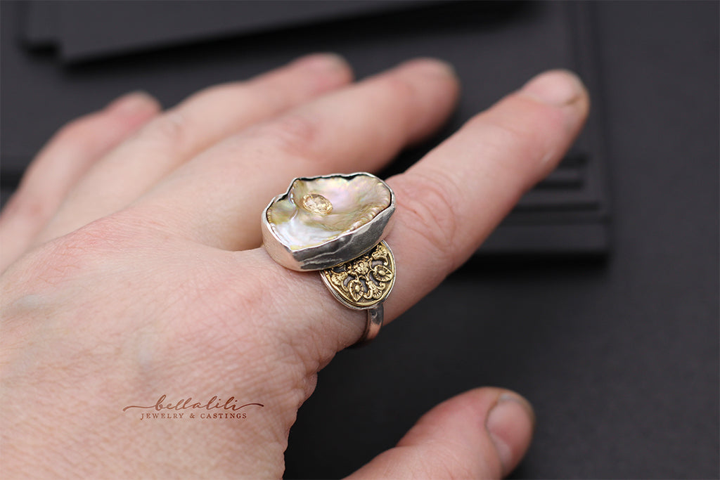 Astarte Cradle Ring, Sterling & gold Ring