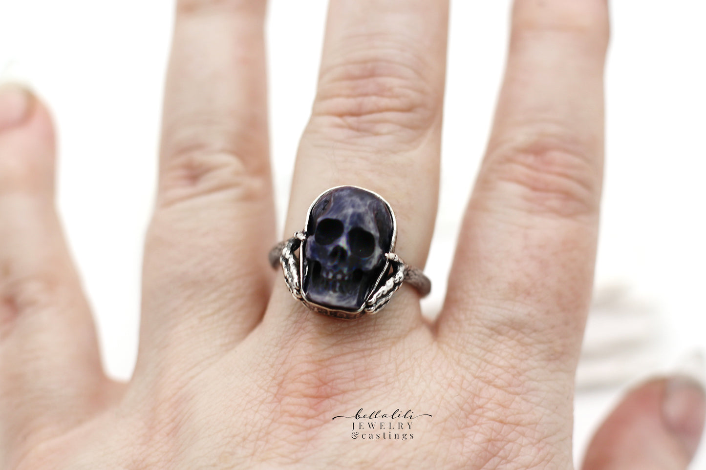 Blue Dysphoria Ring, Blue Carved Skull Graveyard Sterling Silver