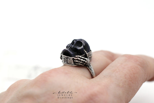 Blue Dysphoria Ring, Blue Carved Skull Graveyard Sterling Silver
