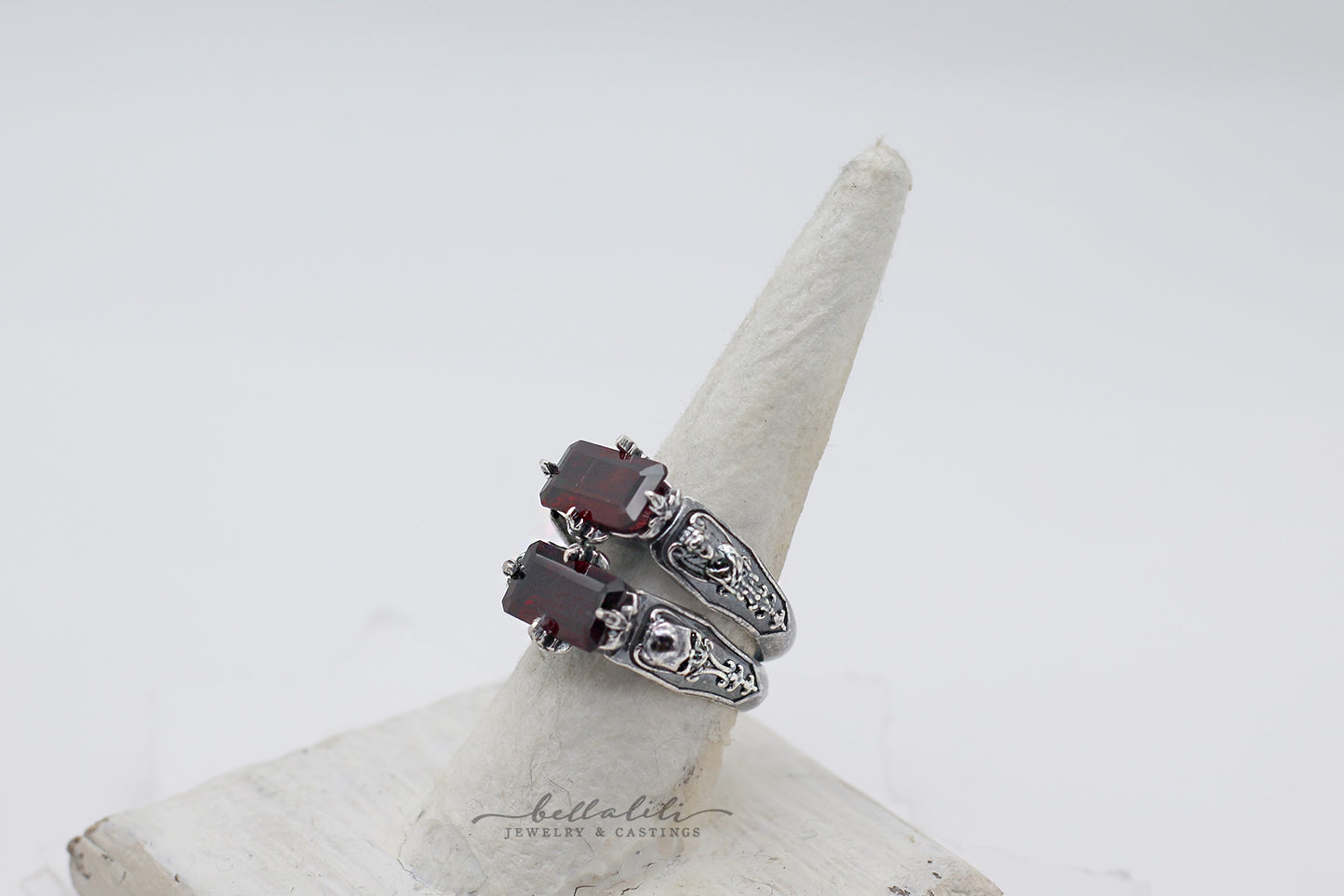 Hades + Persephone Ring, Garnet Baguette Sterling