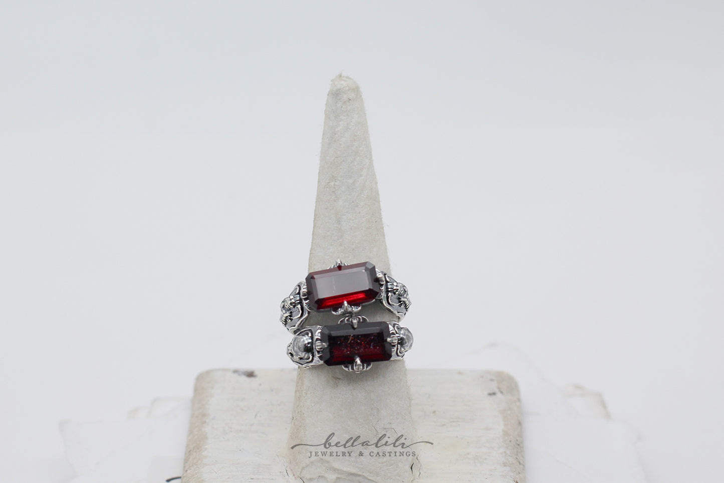 Hades + Persephone Ring, Garnet Baguette Sterling