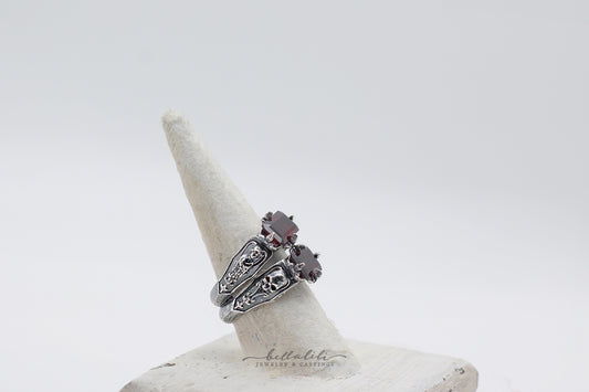 Hades + Persephone Ring, Garnet Baguette Sterling